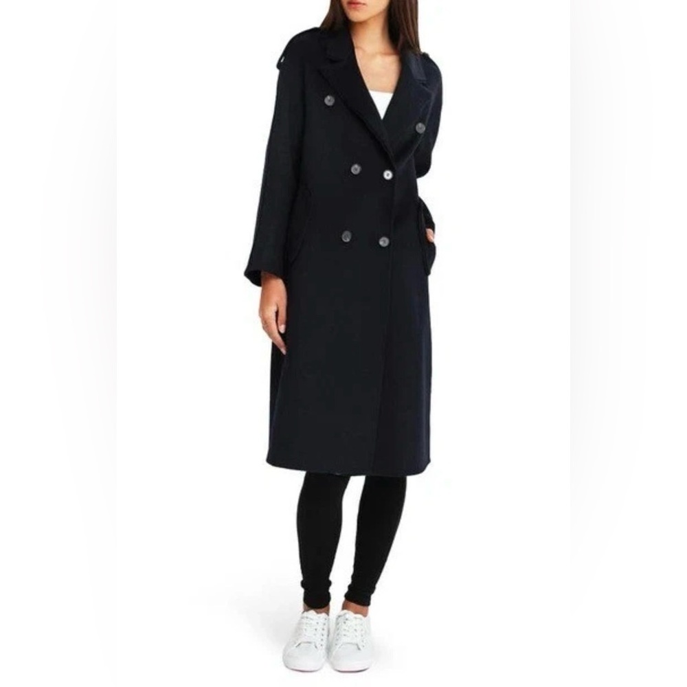100 % Wool Dark Navy Double-Breasted Women's Trench Coat - Picture 2 of 16
